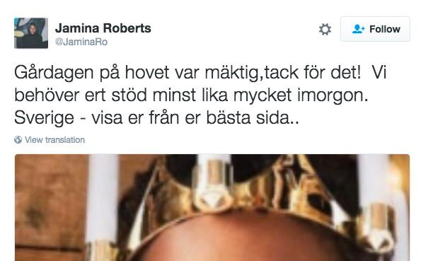 Jamina Roberts tweet med anledning av rasiststormen kring Åhlens luciapojke.