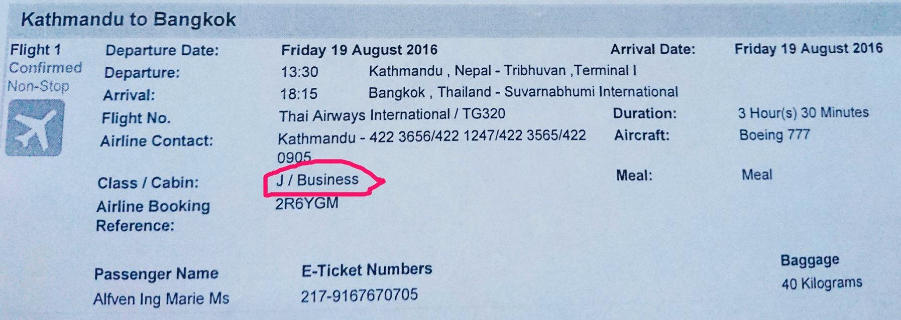 Ing-Marie Alfvéns flygbiljett i business class, från Kathmandu till Bangkok 19 augusti 2016.