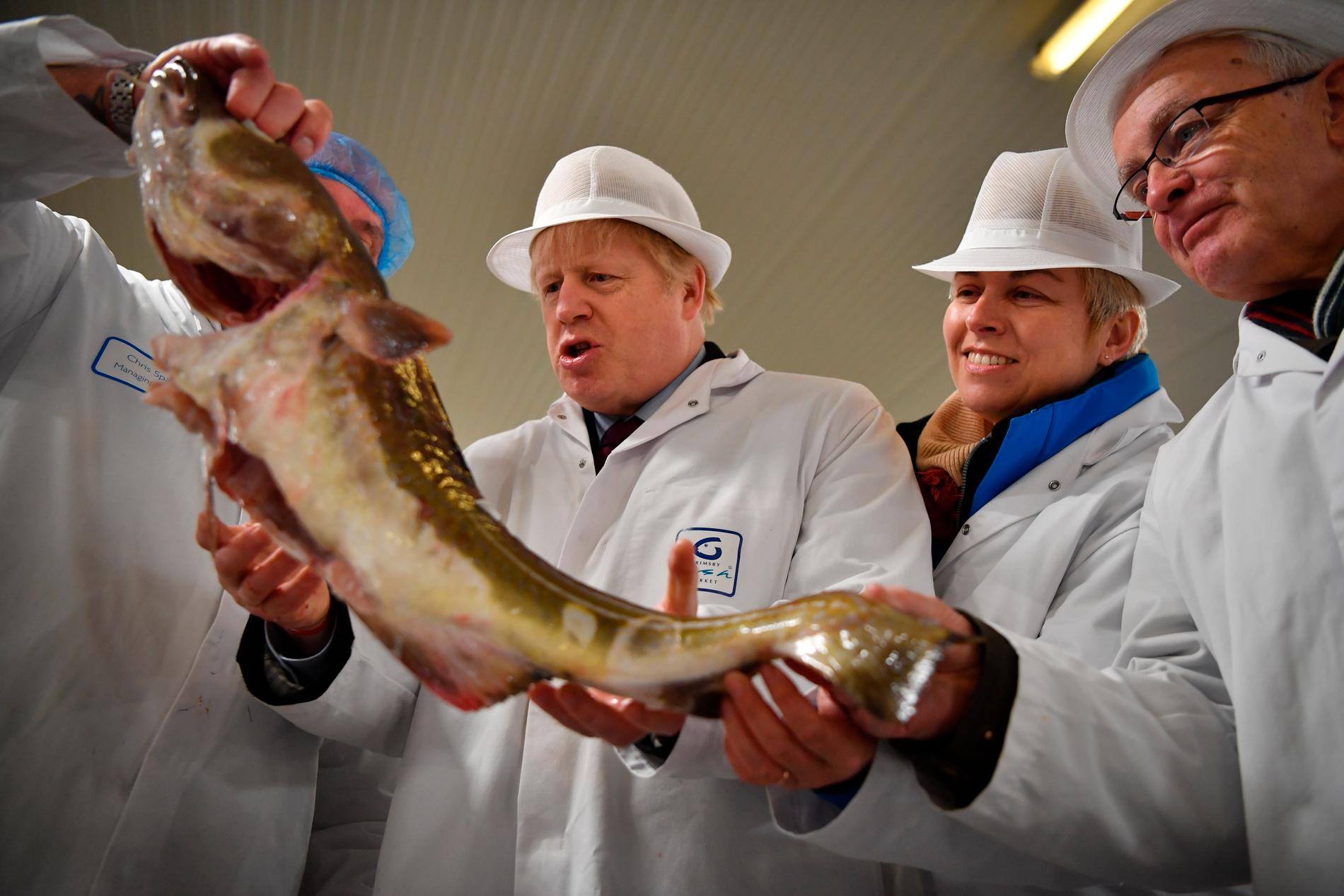 Storbritanniens premiärminister Boris Johnson på besök i en fiskmarknad i klassiska fiskehamnen Grimsby i östra England. Arkivbild.