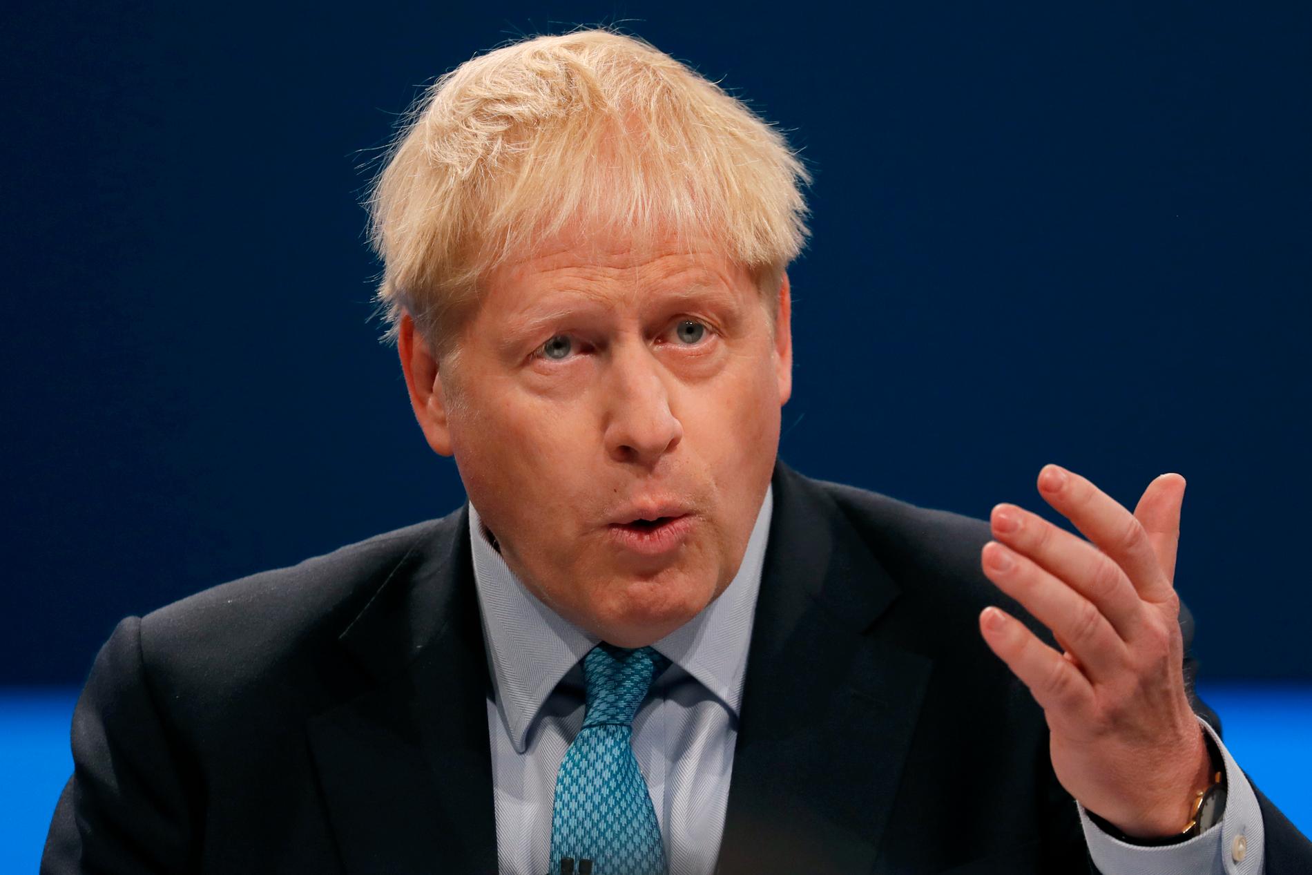 Storbritanniens premiärminister Boris Johnson under talet vid Konservativa partiets höstkonferens i Manchester.