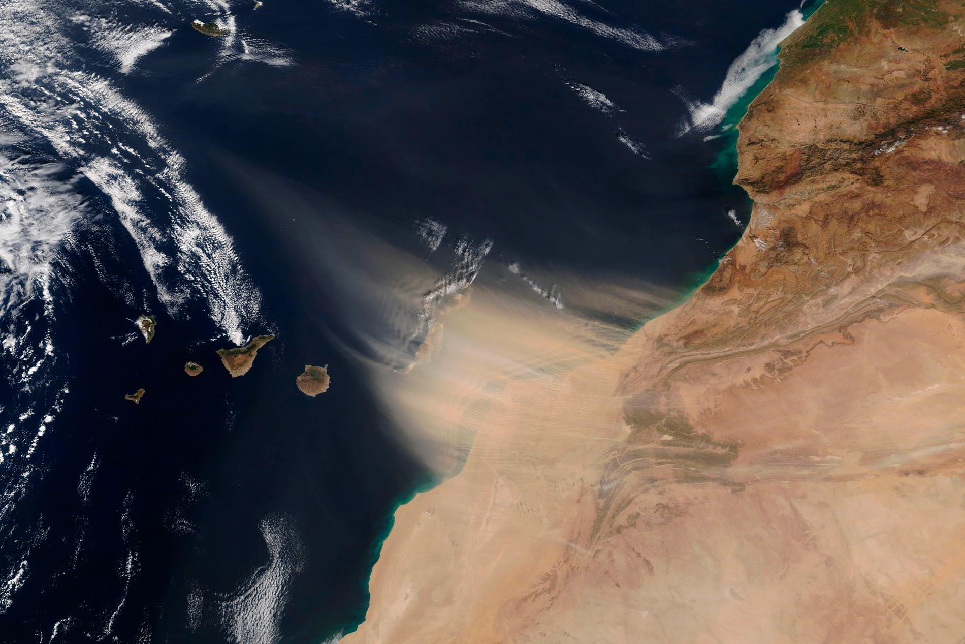 En satellitbild på en sandstorm ut mot Kanarieöarna för två år sedan.