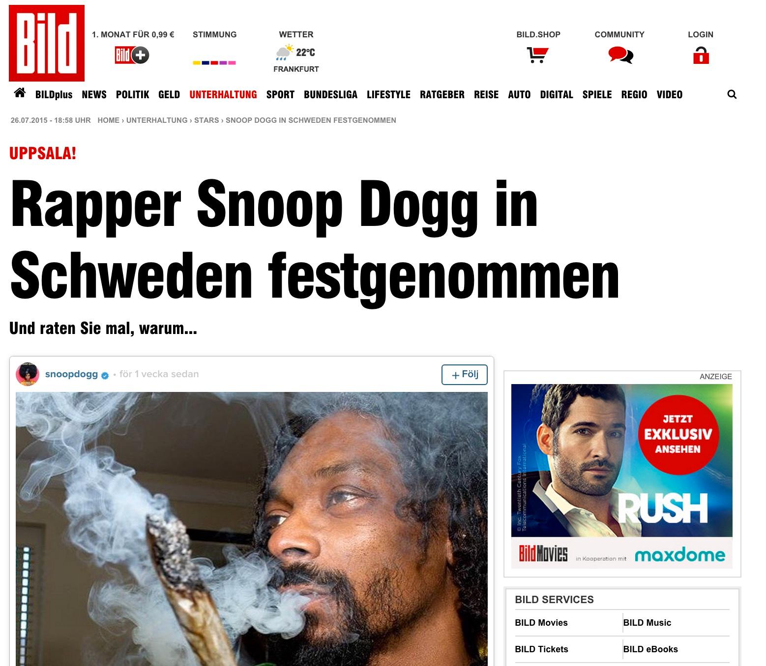 Tyska Bild Rapparen Snoop Dogg fast i Sverige