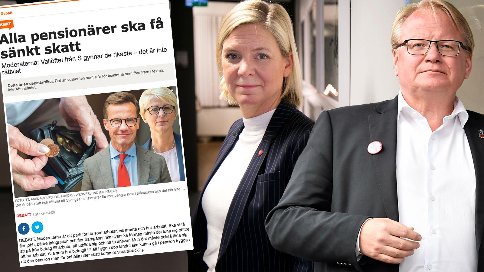 Ingen pensionär ska betala högre skatt än löntagare, skriver Magdalena Andersson (S) och Peter Hultqvist (S).