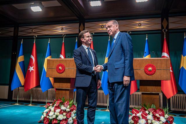  Statsminister Ulf Kristersson (M) och Turkiets president Erdogan under förhandlingar om Sveriges inträde i Nato.