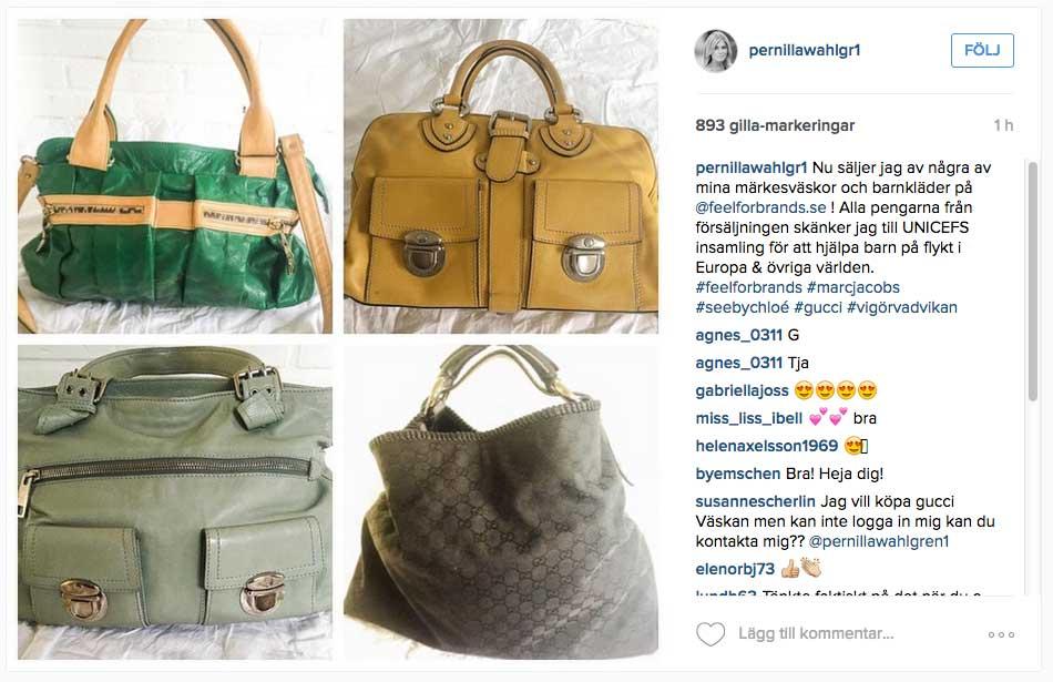 På sitt Instagram har Pernilla Wahlgren lagt upp några av väskorna som nu är till salu.