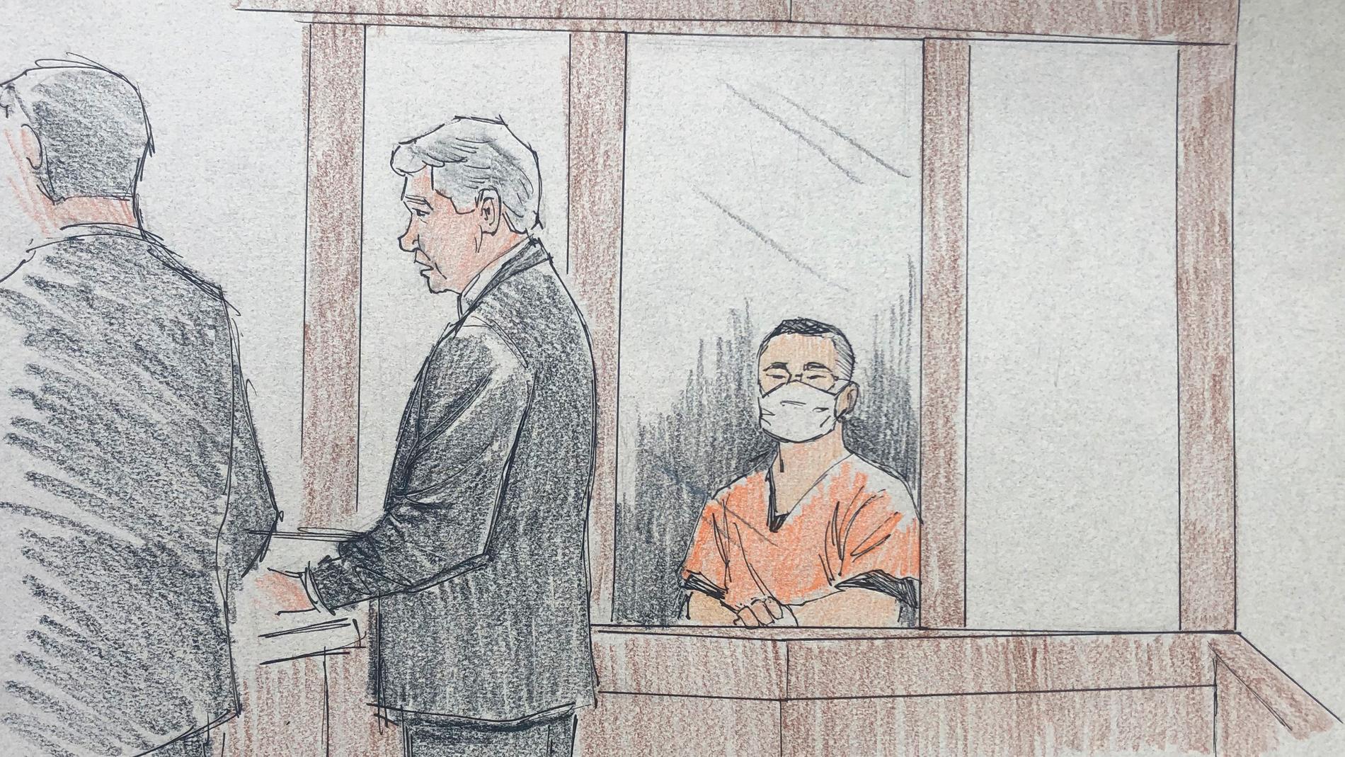 De tre poliserna, klädda i orange fängelseoveraller, ställdes inför domaren en och en. Illustration.