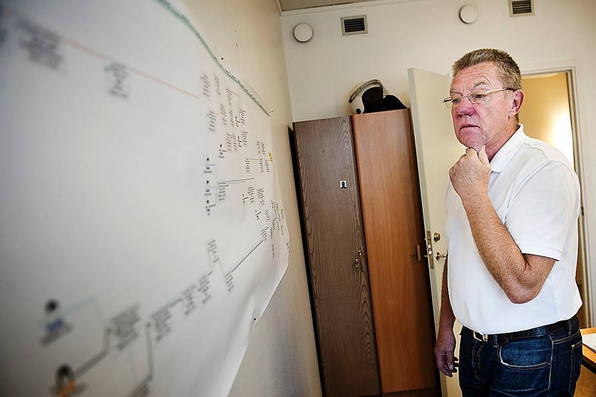 Utreder vidare i höst Kriminalinspektör Leif Nykvist granskar den tidslinje som hänger på en vägg i polishuset i Borlänge.