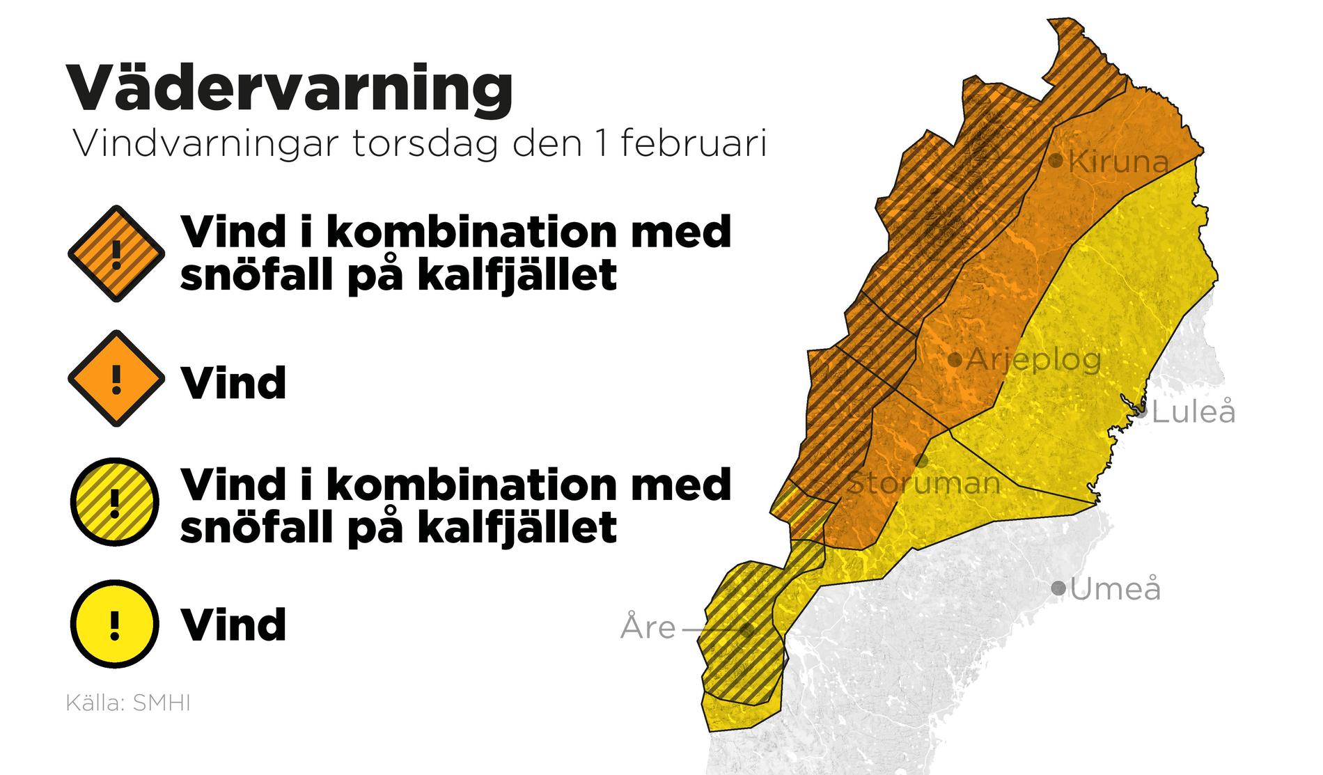 SMHI har utfärdat vindvarningar för stora delar av norra Sverige. På kalfjället varnas för vind i kombination med snöfall.