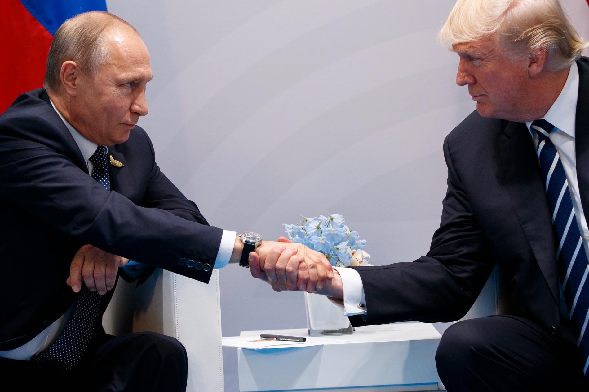 President Donald Trump och Vladimir Putin skakar hand i samband med G20-mötet i Hamburg i juli förra året. Arkivbild.