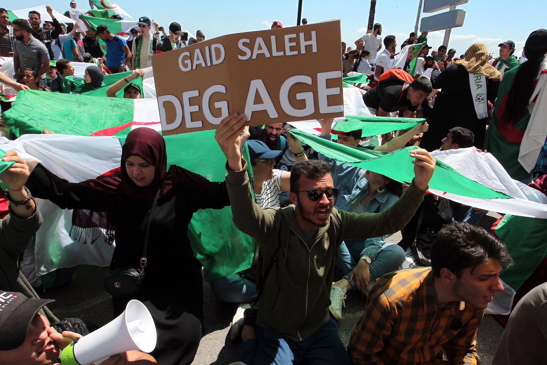 "Gaïd Salah stick" står det på en skylt som en algerisk student håller upp under en regeringskritisk demonstration i maj. Arkivbild.