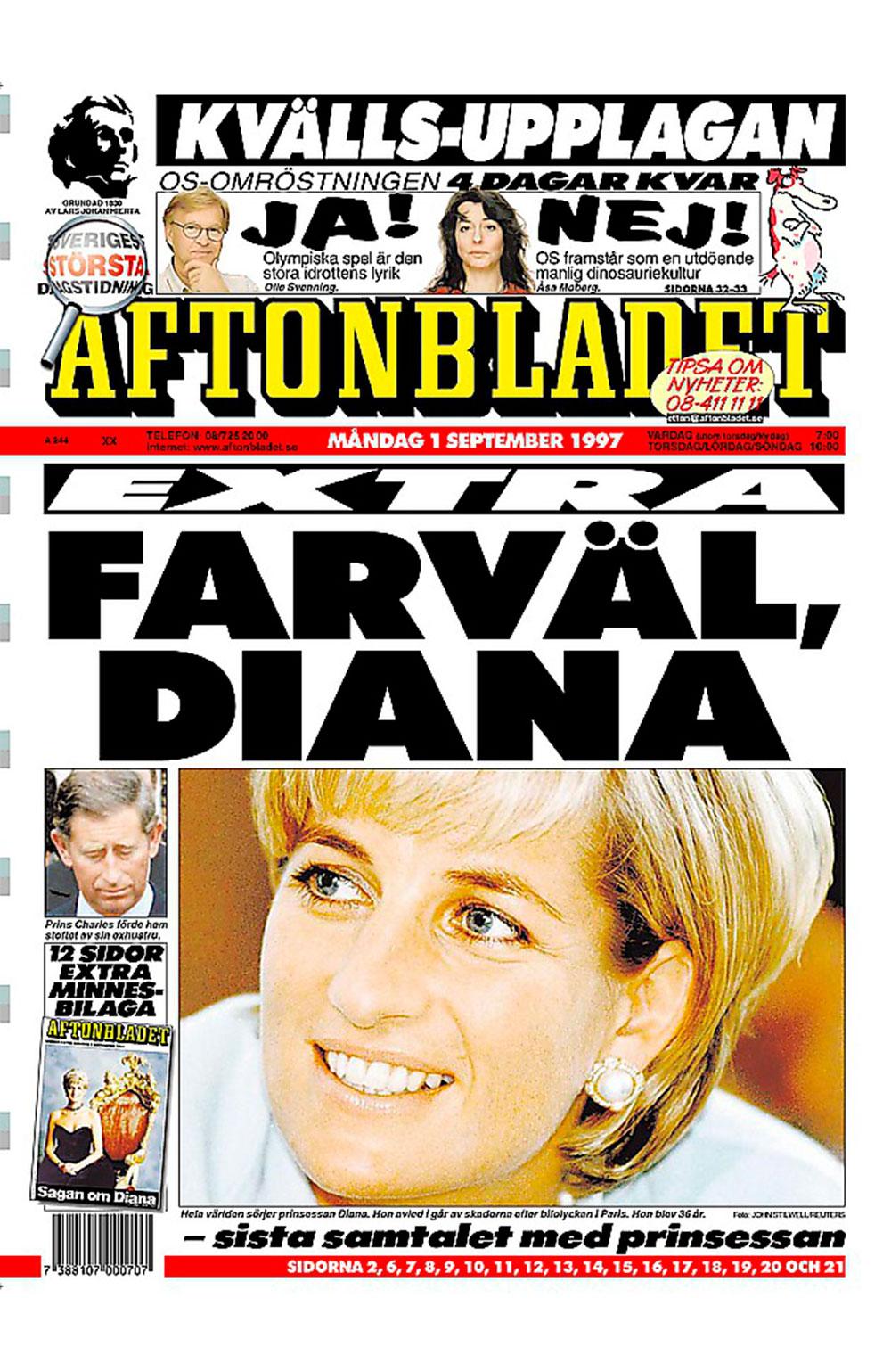 Aftonbladets förstasida när prinsessan Diana dog.