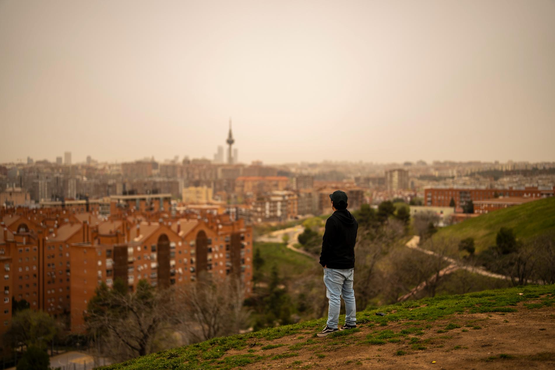 En man ser ut över Madrid efter att stormen Celia har fört med sig sand från Sahara-öknen.