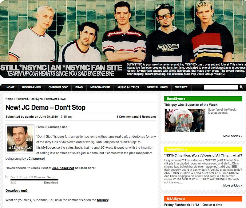 Låten ”Don't stop” av före detta 'N Sync-medlemmen JC Chasez finns att lyssna på och att ladda ned gratis på sajten stillnsync.com.