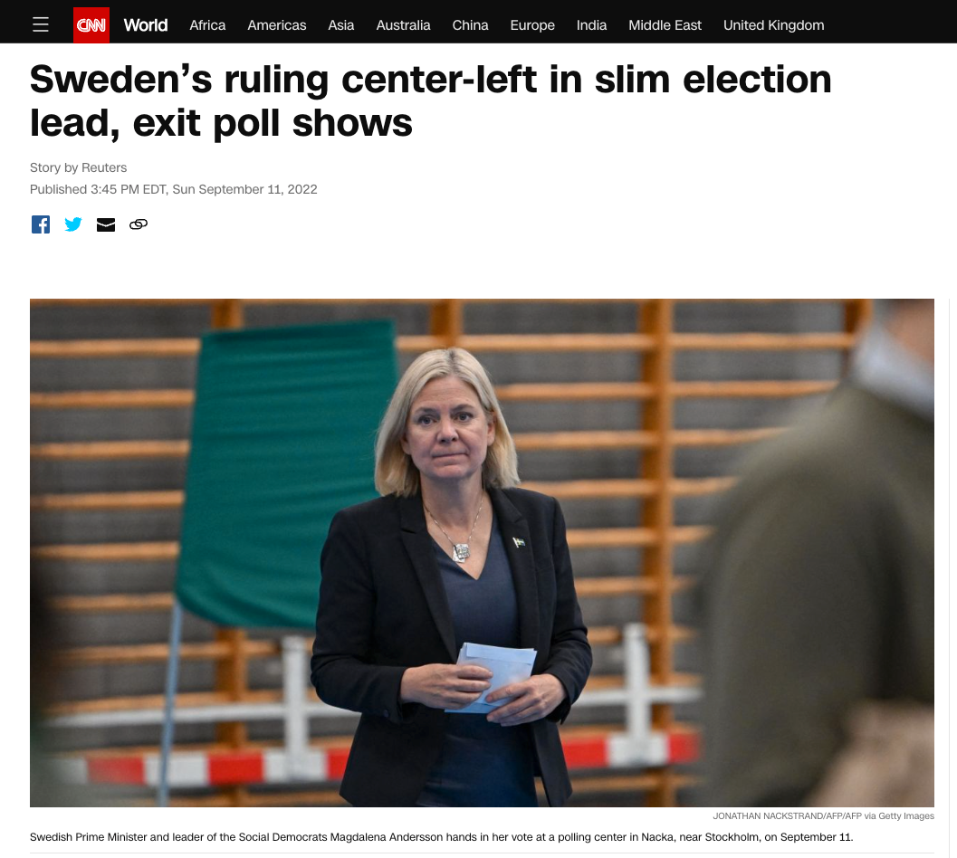 ”Sweden’s ruling center-left in slim election lead, exit poll shows”, rapporterar CNN.