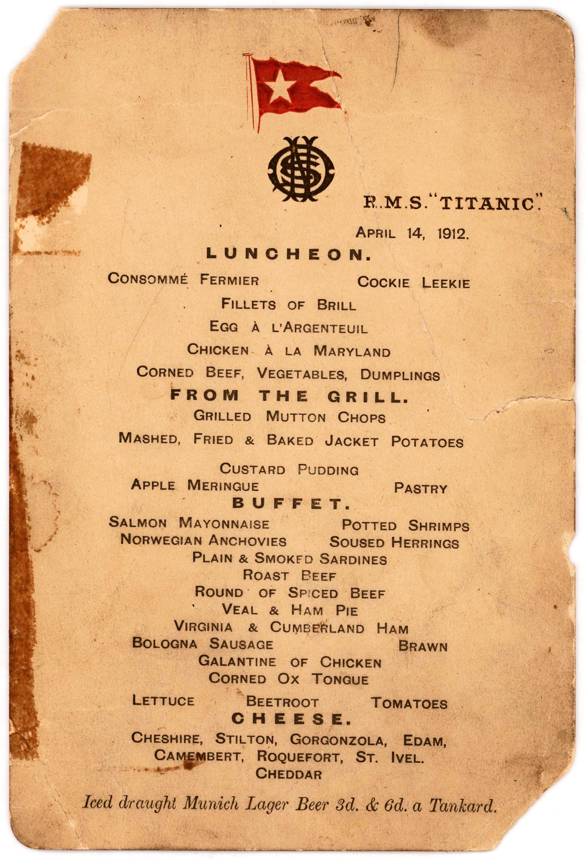 Det här odaterade fotografiet visar Titanics sista lunchmeny som kommer att auktioneras ut och beräknas klubbas för 50 000-70 000 dollar.