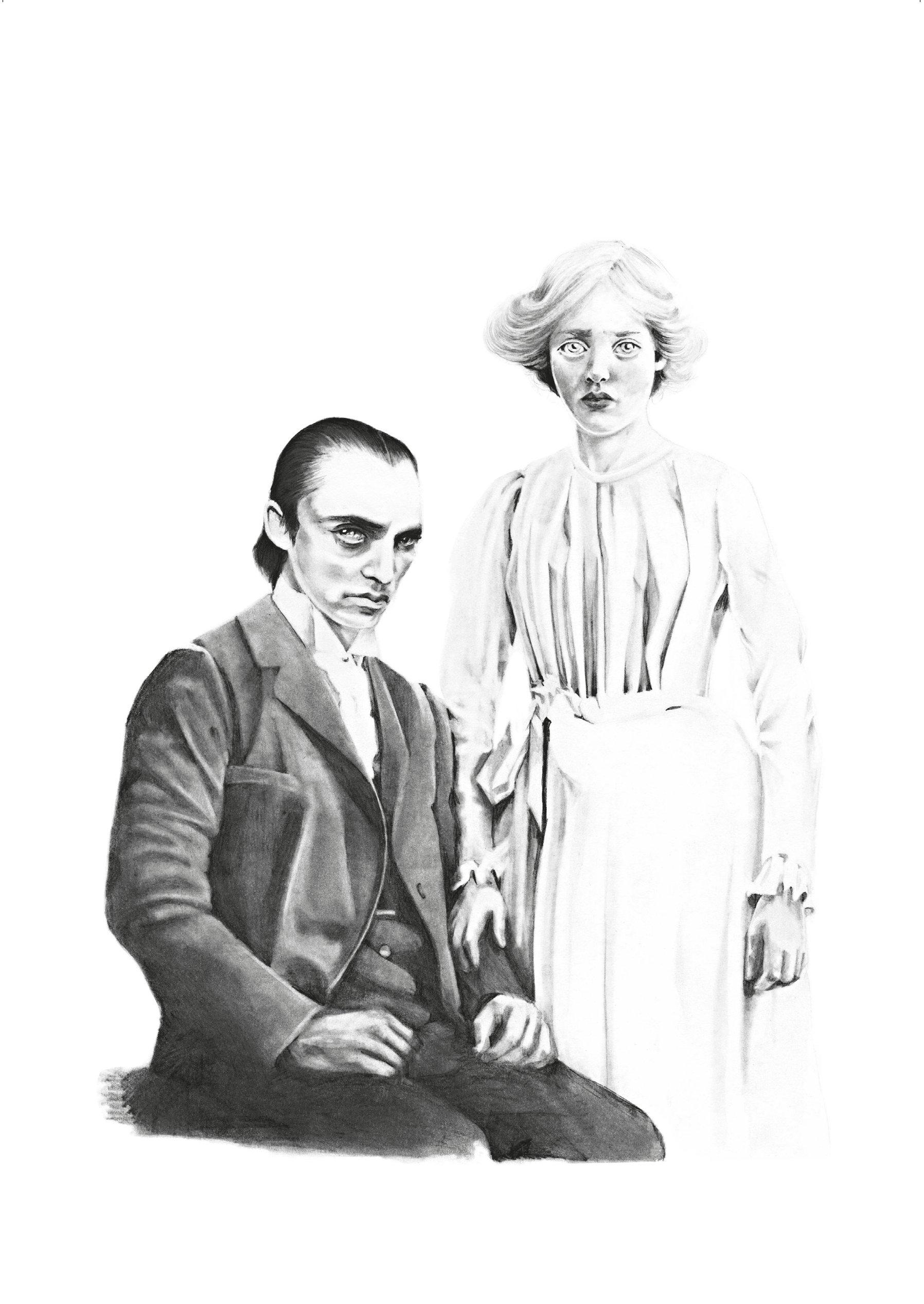 Victor Frankenstein och hans trolovade Elizabeth Lavnaza så som de porträtteras i boken. Mats Strandberg och Jenny Jägerfeld låter dem båda träffa bokens terapeut. Pressbild.