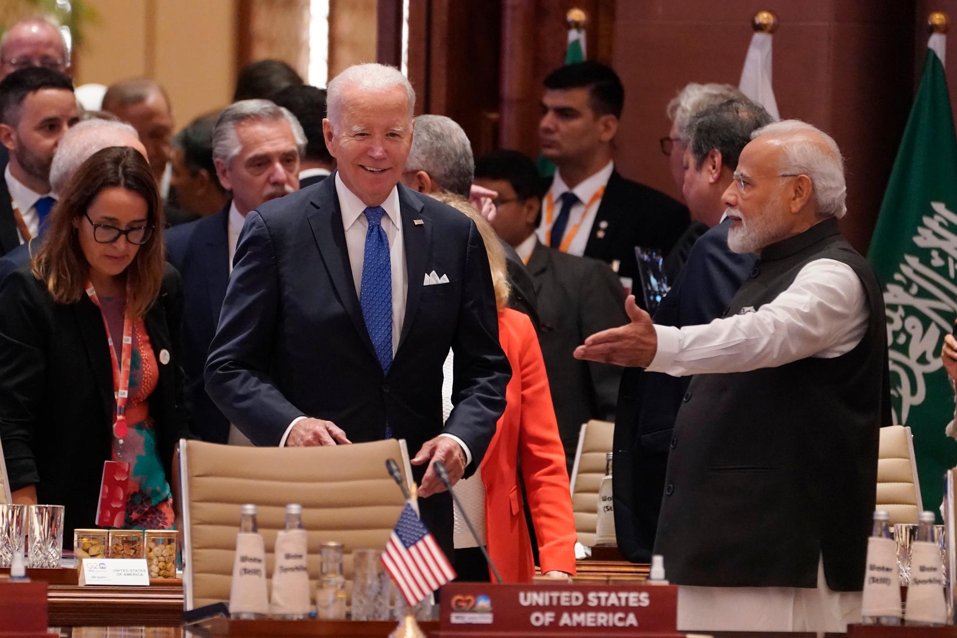 USA:s president Joe Biden och Indiens premiärminister Narendra Modi under G20-toppmötet. 