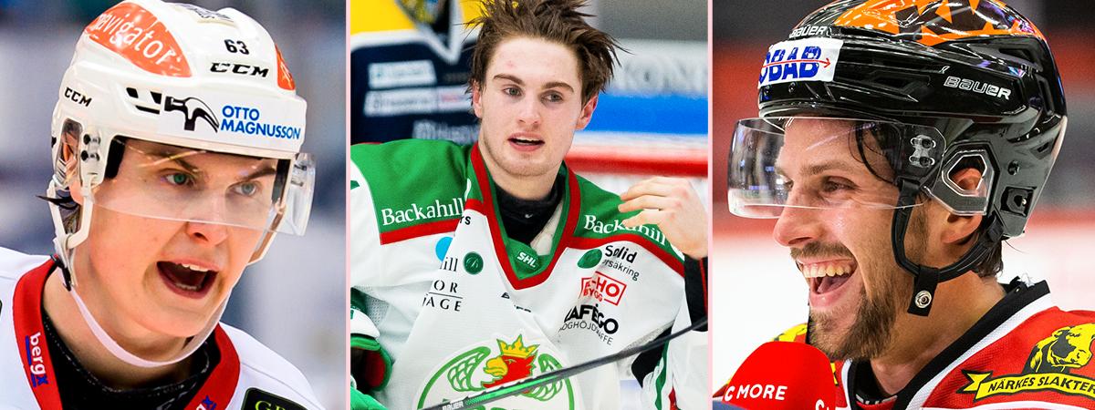 Fredrik Händemark (v), Nils Höglander (m) och Mathias Bromé (h) – tre SHL-stjärnor som kan bli kvar trots NHL-avtal.  
