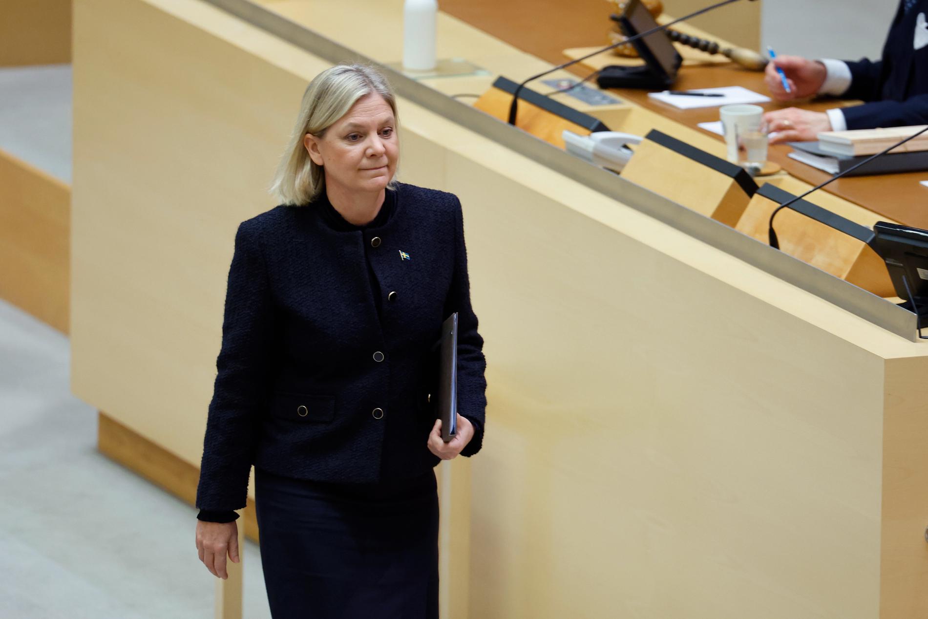 Socialdemokraternas partiledare Magdalena Andersson (S) under förtroendeomröstningen i riksdagen. 
