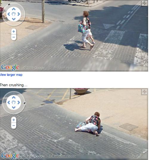 En rundnätt kvinna passerar ett övergångsställe framför Googlebilen, tillsammans med ett barn. Plötsligt kastar hon sig ner på marken – över barnet. Såklart.