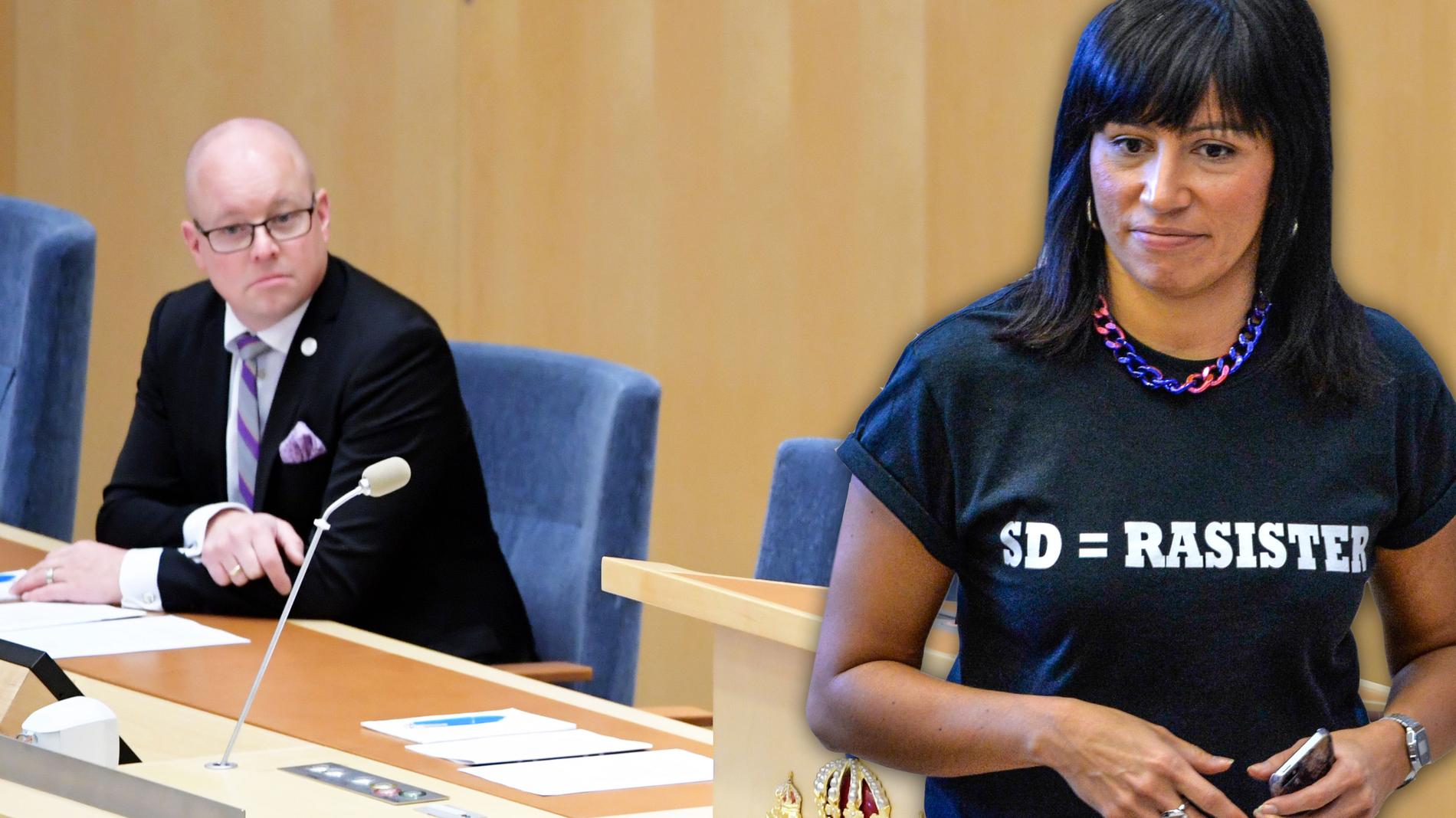 Att välja en sverigedemokrat till någon talmanspost är att ge legitimitet åt deras åsikter, skriver Rossana Dinamarca som bar t-shirt med texten SD=rasister i protest i samband med talmansvalet efter valet 2014.