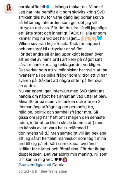 Carola Häggkvist första ursäkt.