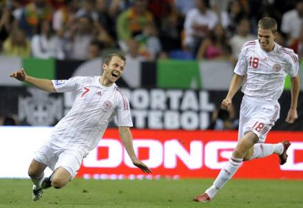 Daniel Jensen firar sitt avgörande mål borta mot Portugal tidigare i VM-kvalet.