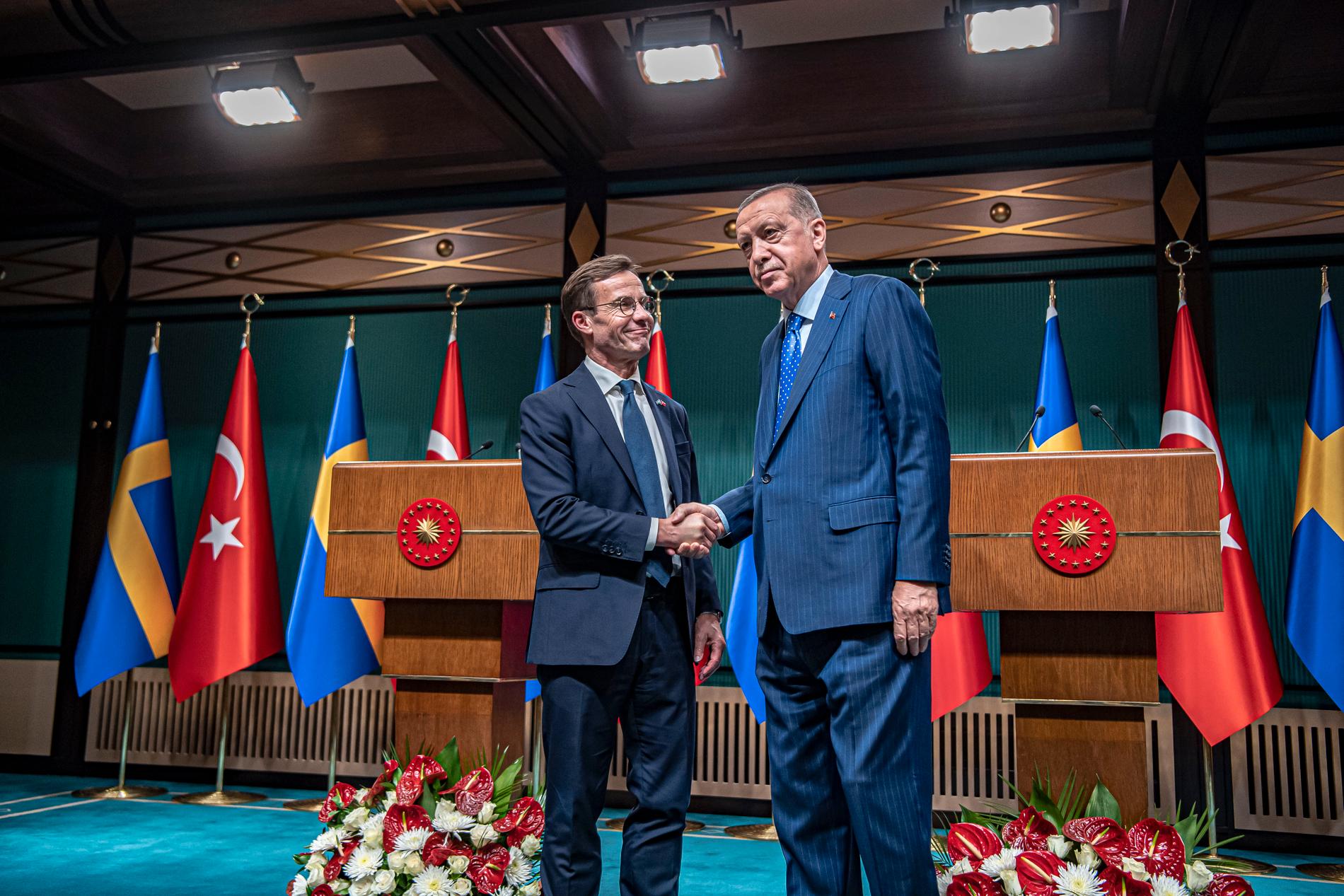 Ulf Kristersson och Recep Tayyip Erdogan skakar hand efter sin gemensamma presskonferens i Ankara på tisdagen.