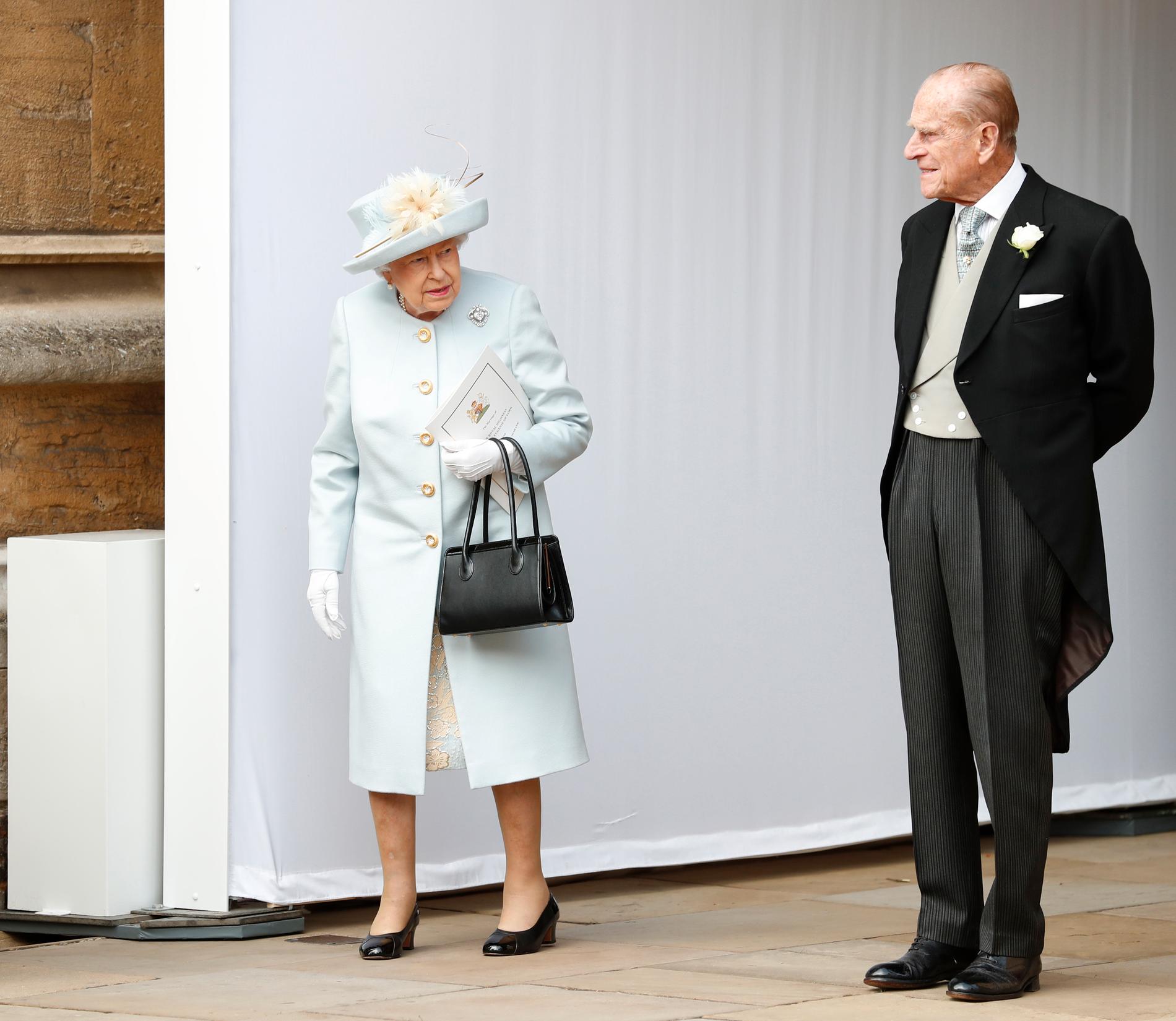 Drottning Elizabeth och prins Philip under bröllopet mellan prinsessan Eugenie av York och Jack Brooksbank, 2018.