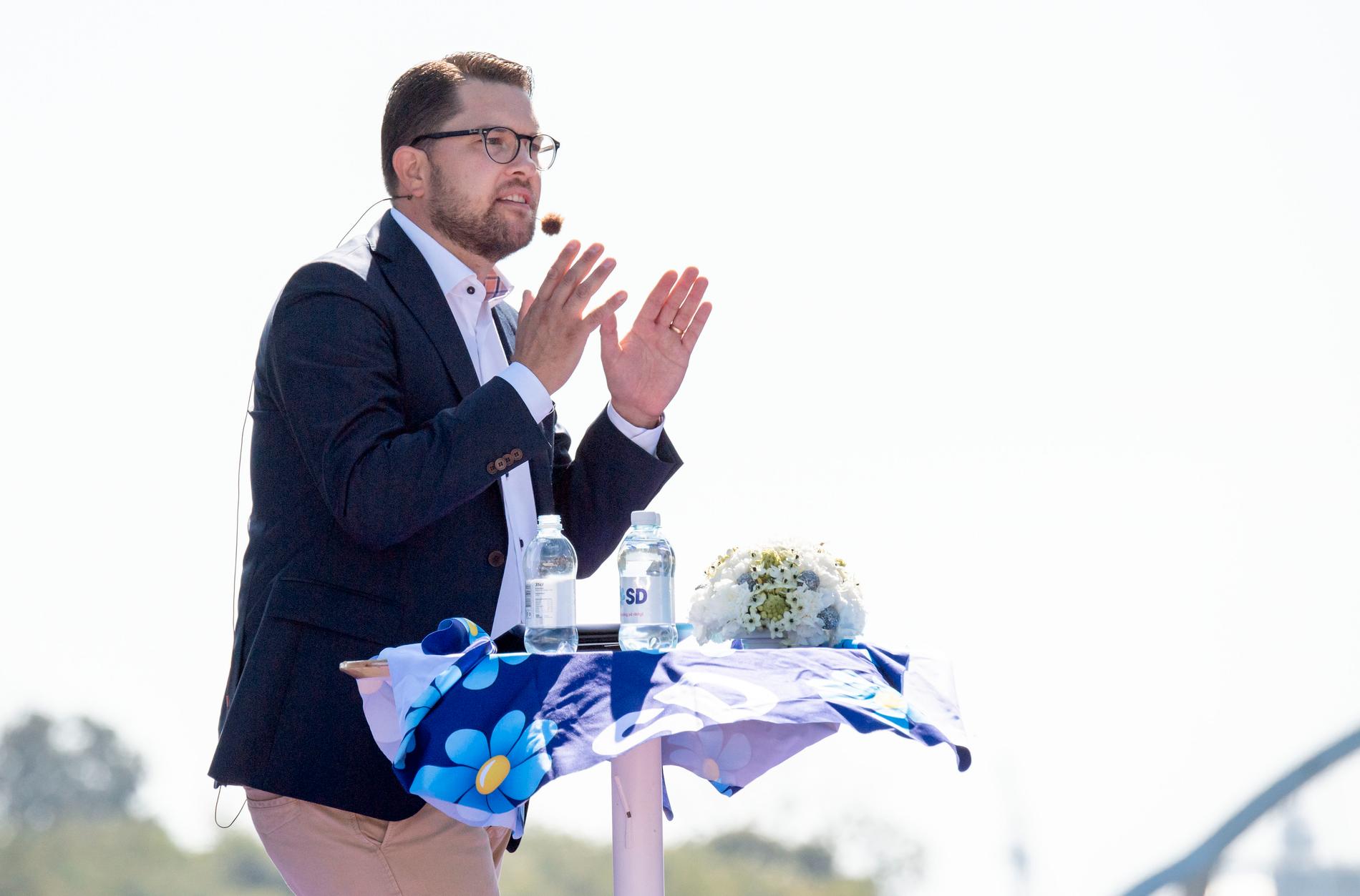Sverigedemokraternas partiledare Jimmie Åkesson vid partiets sommarfestival i Sölvesborg i augusti. Arkivbild.