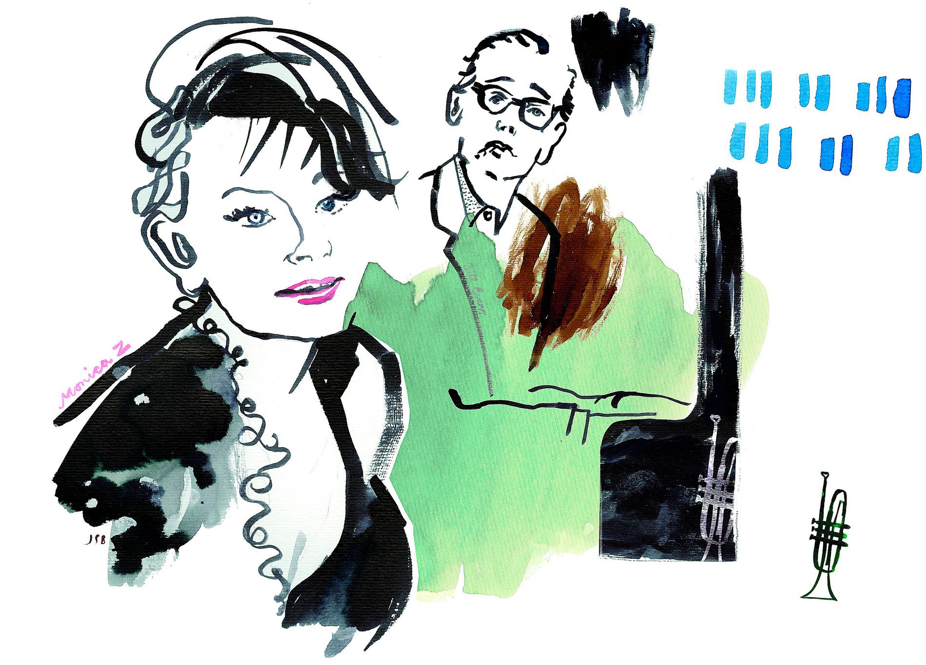 Monica Zetterlund med den amerikanske pianisten Bill Evans. Illustration av Jenny Svenberg Bunnel som just nu ställer ut sina teckningar på jazzklubben Fasching i Stockholm.