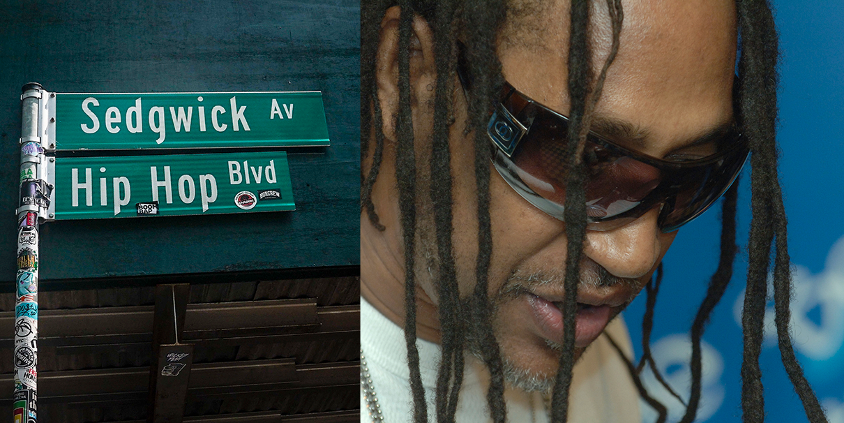 Till vänster: en vägskylt vid Sedgwick House i Bronx har döpts om till Hip Hop Blvd. Till höger Clive Campbell, känd som DJ Kool Herc, vid en dokumentärfilmsvisning tidigare i år