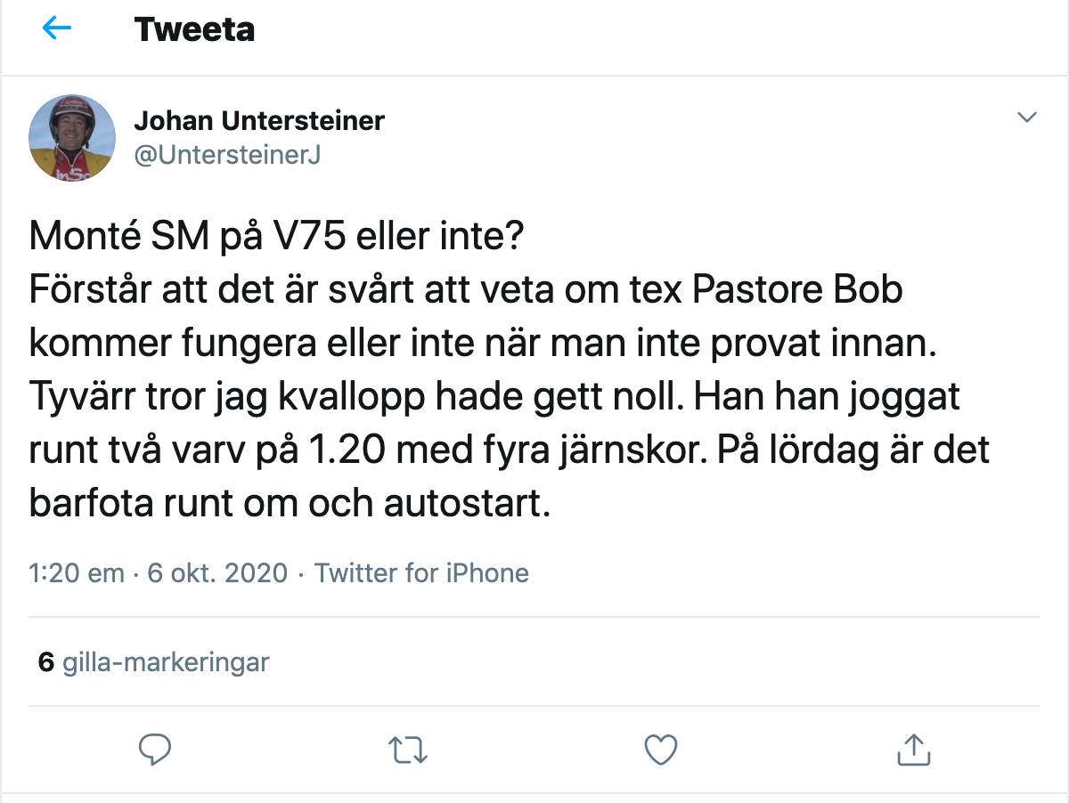 Halmstad-tränaren Johan Untersteiner twittrade om Pastore Bob – som på lördag debuterar i den nya disciplinen monté (Åby, V75–3)