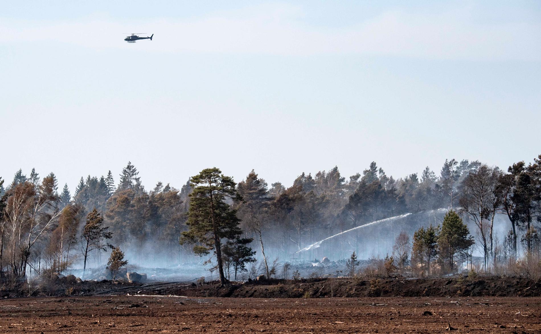 En spaningshelikopter över brandområdet utanför Hästveda.