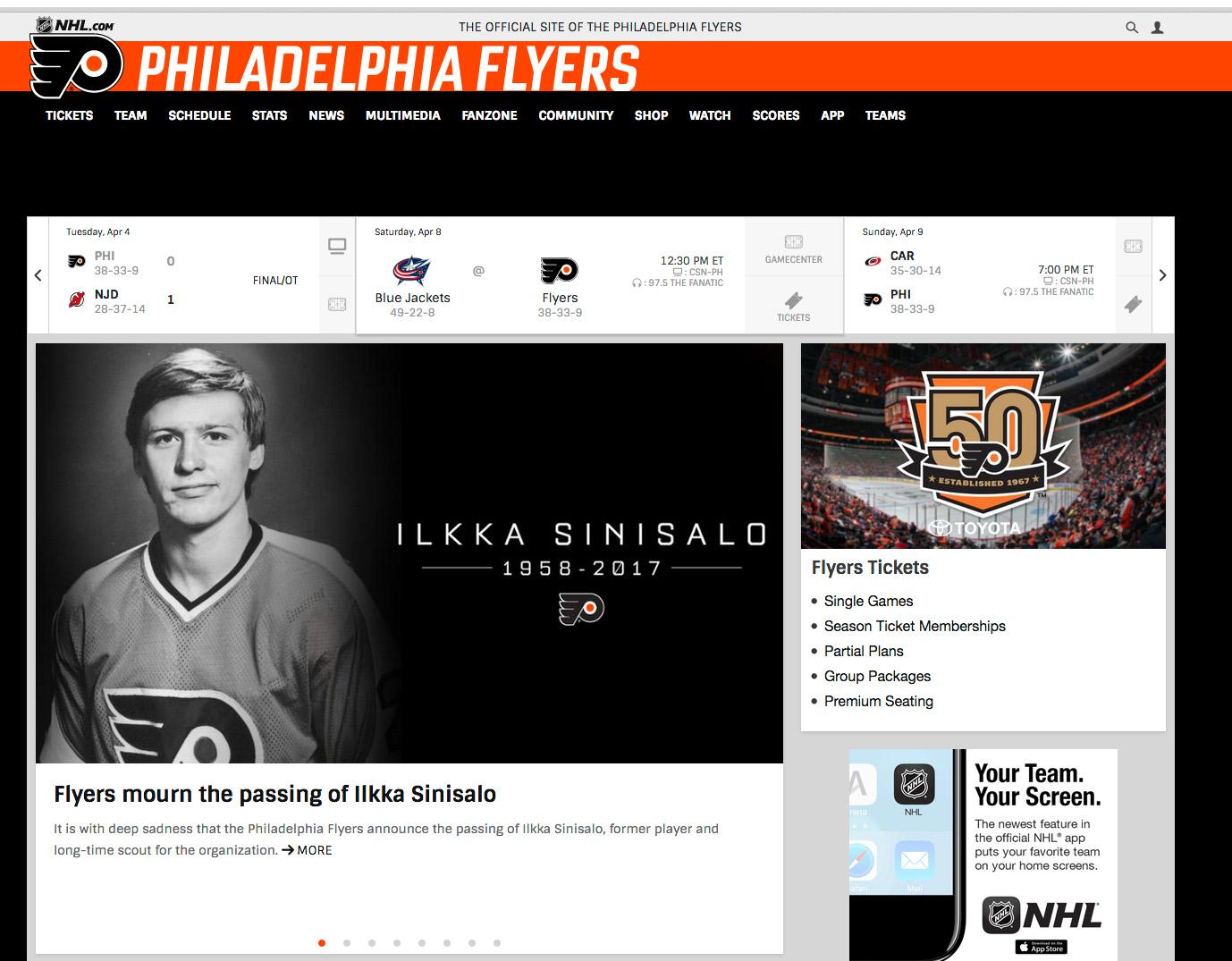 Philaldelphia Flyers officiella hemsida.