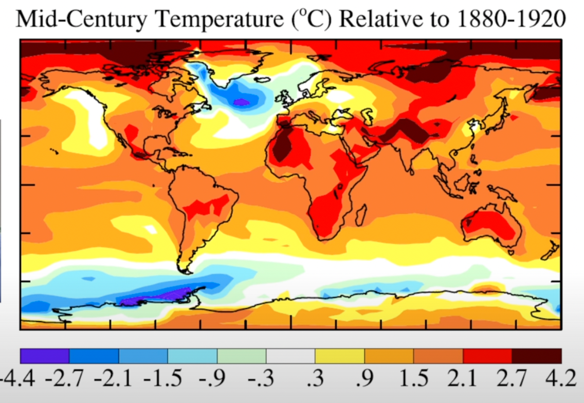 Jim Hansen och hans teams klimatmodell för temperaturen vid mitten av seklet. https://acp.copernicus.org/articles/16/3761/2016/