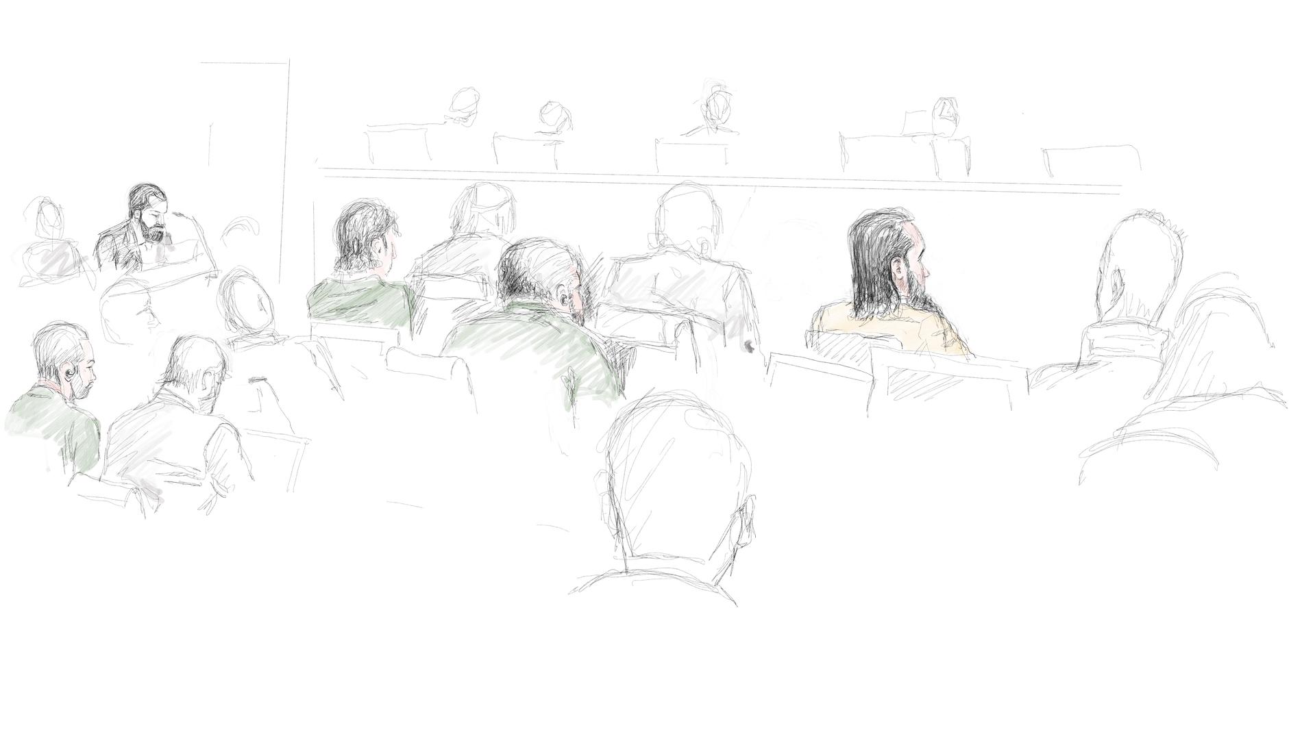 Illustration från rättegången, som hålls i säkerhetssalen i Stockholms tingsrätt.