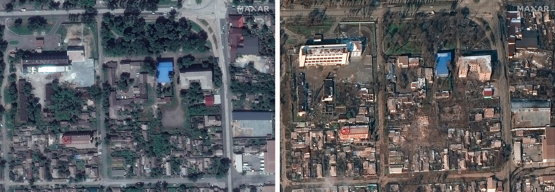 På satellitbilder syns de massiva skadorna i Mariupol. Livsmedelsbutiker och köpcentrum är sönderbombade. På onsdagseftermiddagen attackerades även sjukhuset.