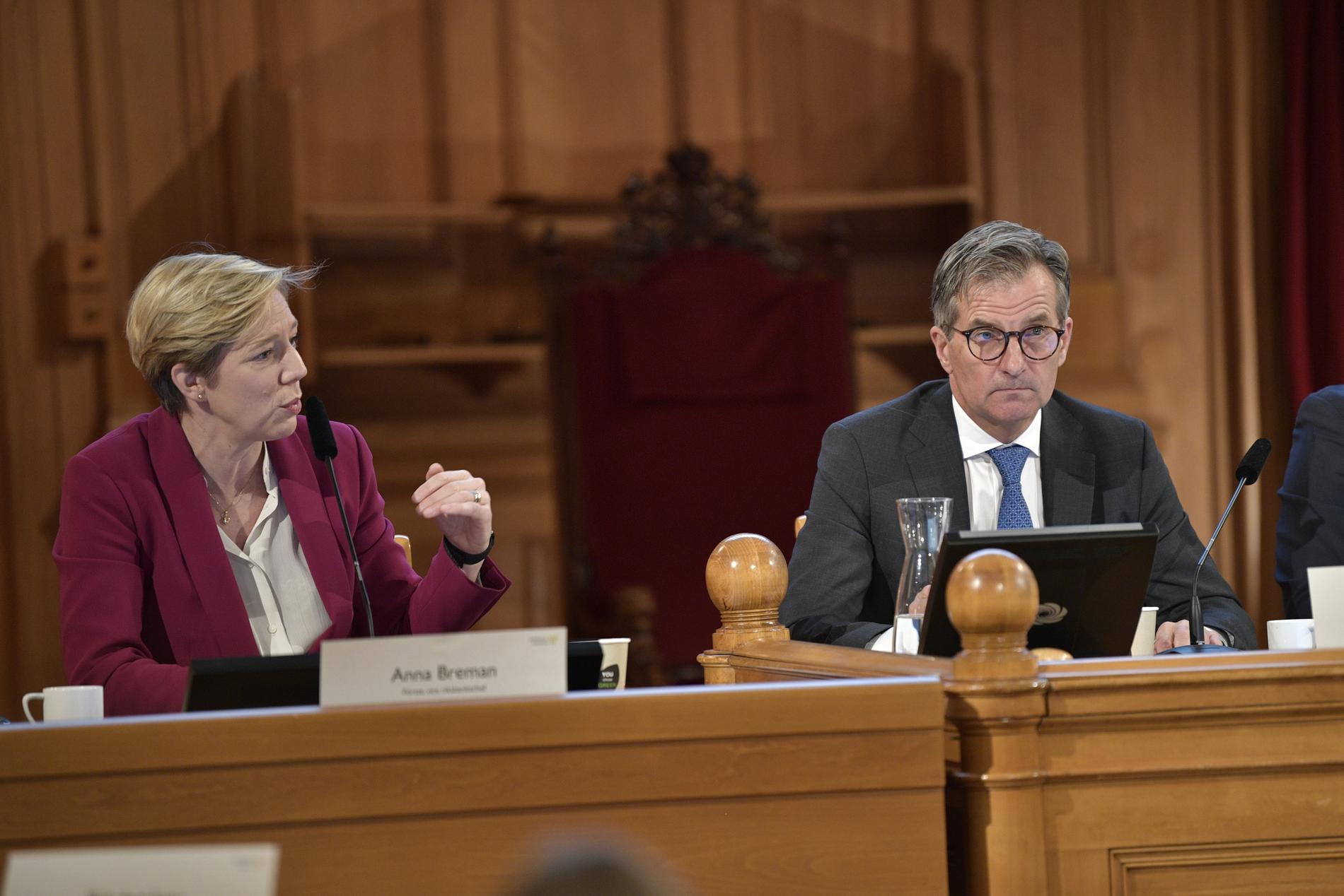 Anna Breman och Erik Thedéen under en utfrågning i finansutskottet.