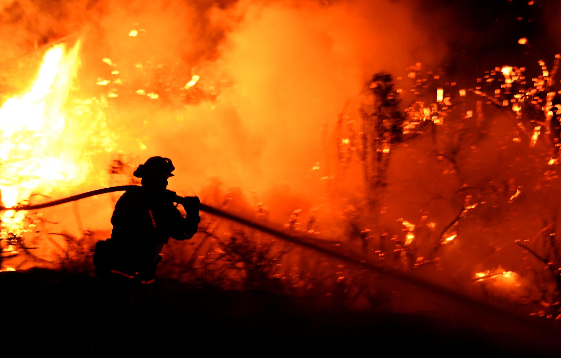 Brandmän bekämpar lågorna i branden nära Los Angeles.