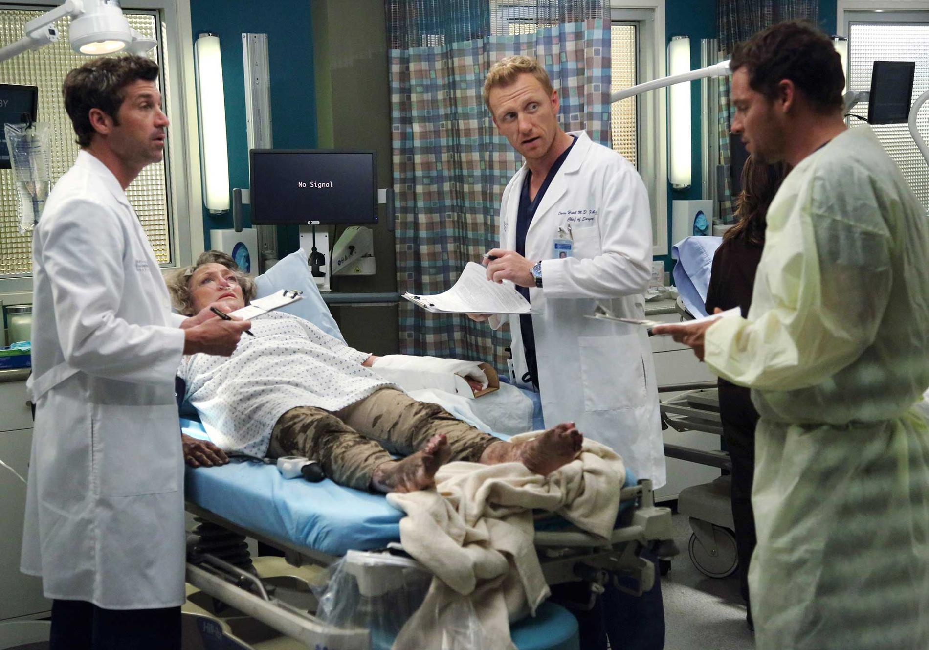 Scen ur ”Grey's anatomy”. Patrick Dempsey,  Kevin McKidd och Justin Chambers.