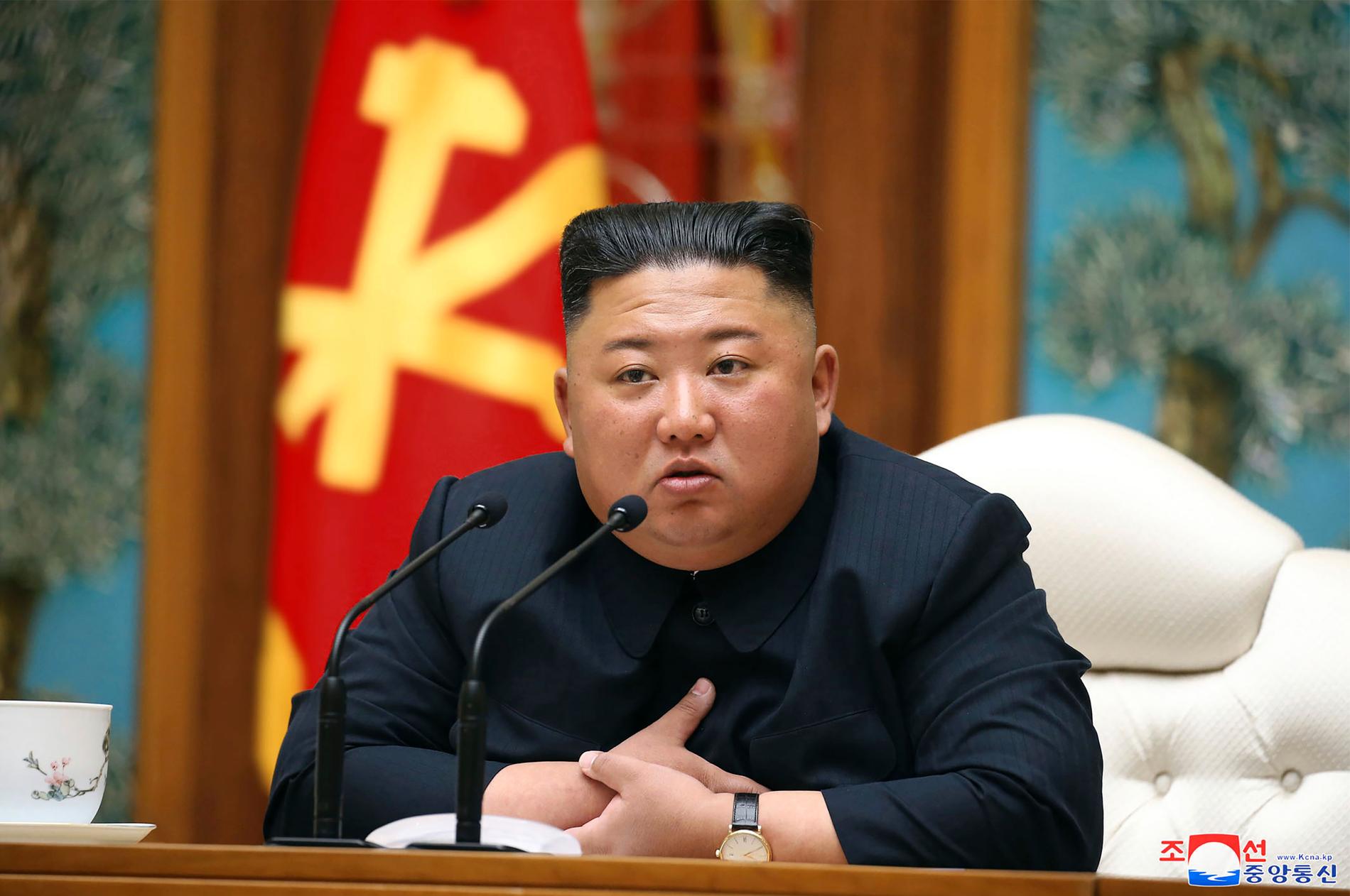 En av de senaste färska bilderna på Kim. Den uppges vara tagen den 11 april, och publicerades av nordkoreanska medier dagen efter.