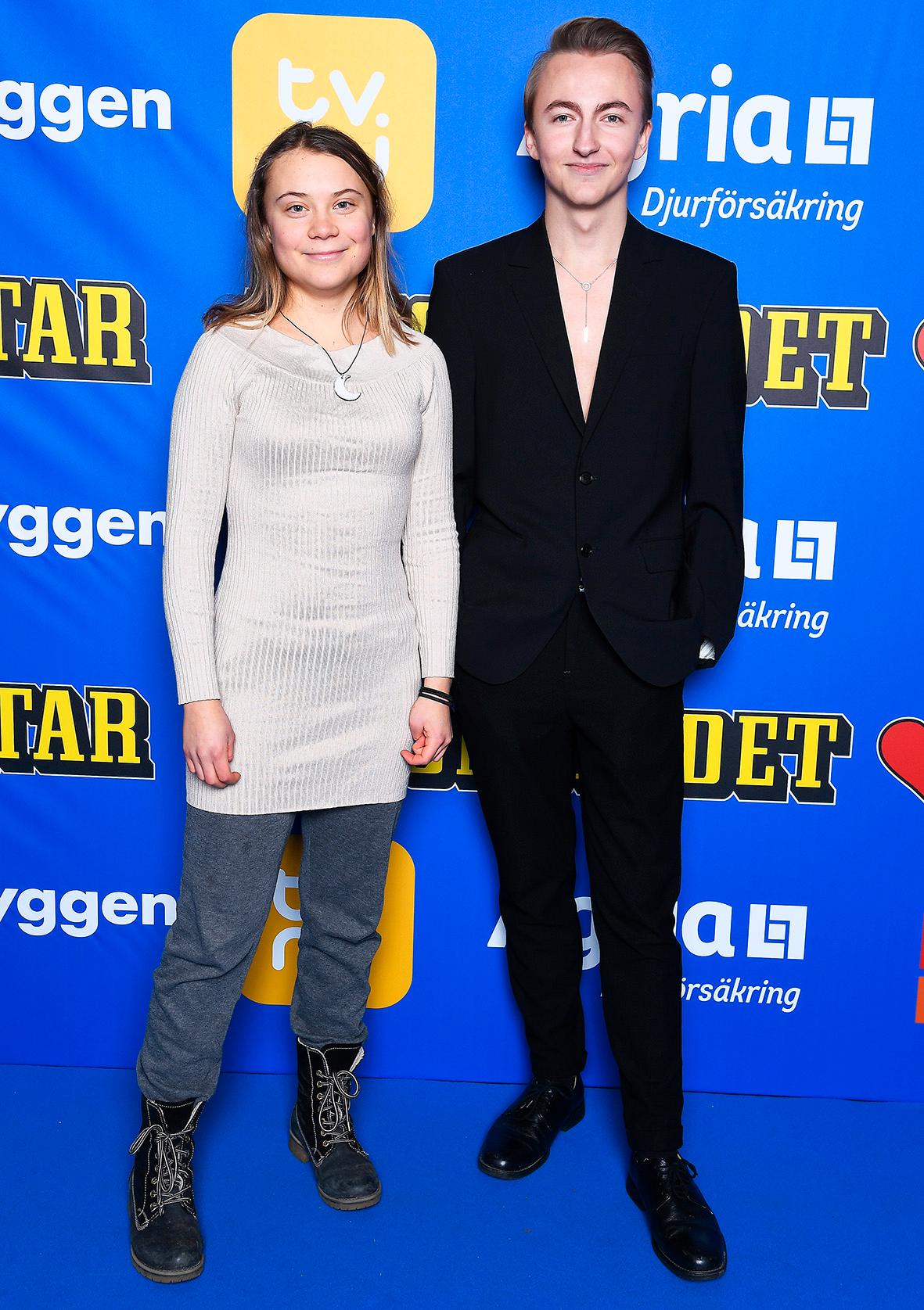 Kvällen till ära dök Greta Thunberg upp, här tillsammans med Tristan Lundberg.