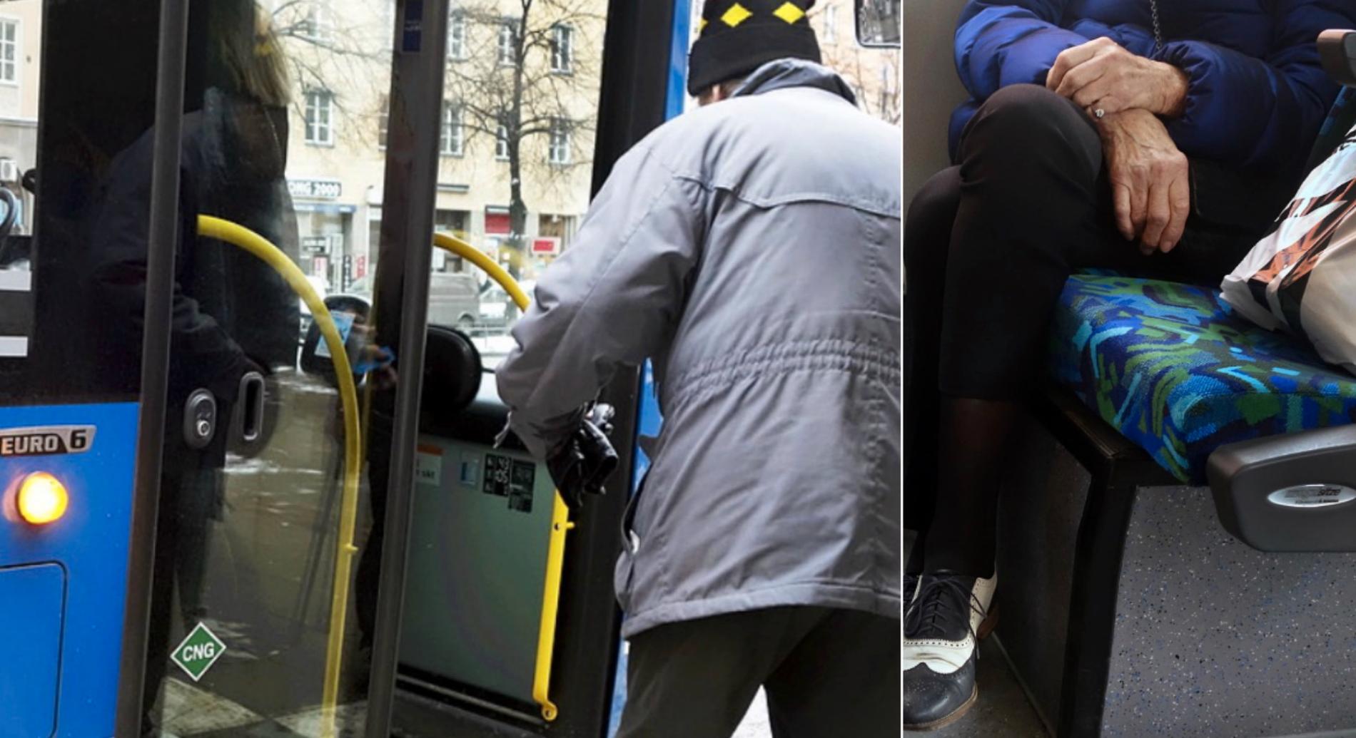 Personerna på bilderna är äldre människor utanför och ombord på en buss, dock inte i skånska Hörby.