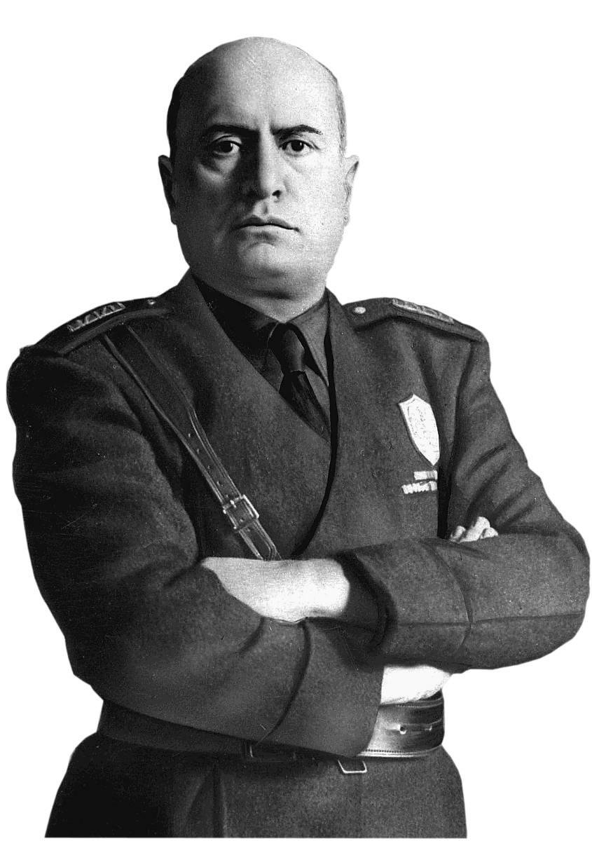 Il duce  Benito Mussolini grundade fascismen i Italien. Med hjälp av en missnöjd medelklass tog han makten 1922. Mussolini avrättades av partisaner 1945.
