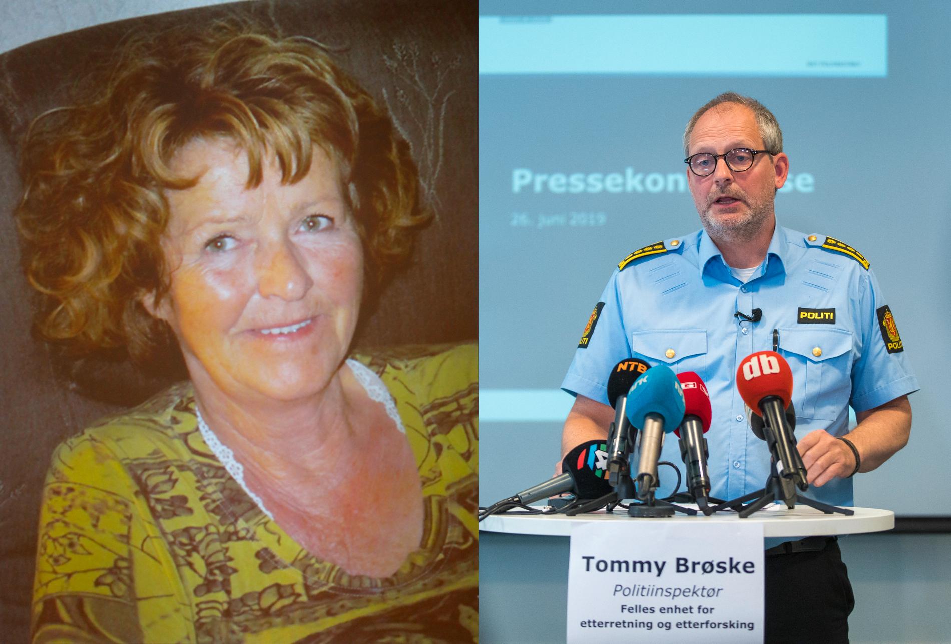 Miljardären Tom Hagens fru Anne-Elisabeth Hagen, som försvann den 31 oktober 2018. Till höger polisinspektör Tommy Brøske vid en presskonferens i samband med hennes försvinnande. Arkivbilder.