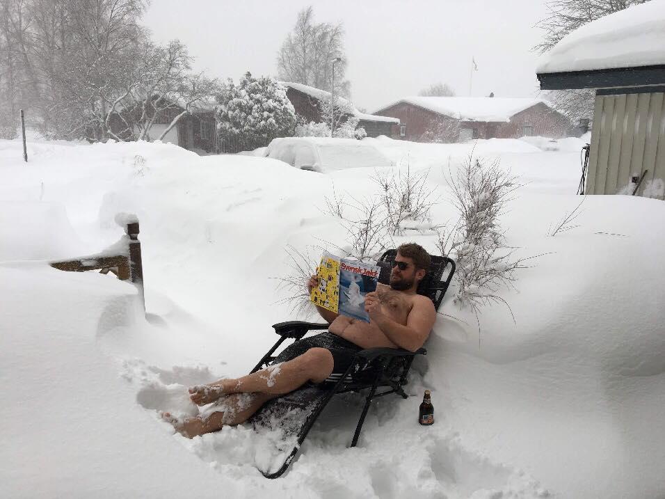 När det snöade passade Björn på att ta sig en stund i solstolen.