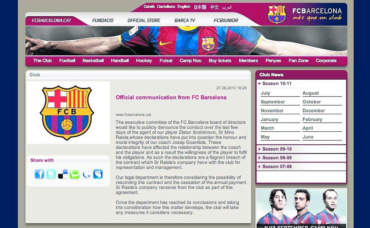 KRIGSFÖRKLARING i går publicerade Barcelona en 17 rader lång krigsförklaring mot Mino Raiola på klubbens hemsida.