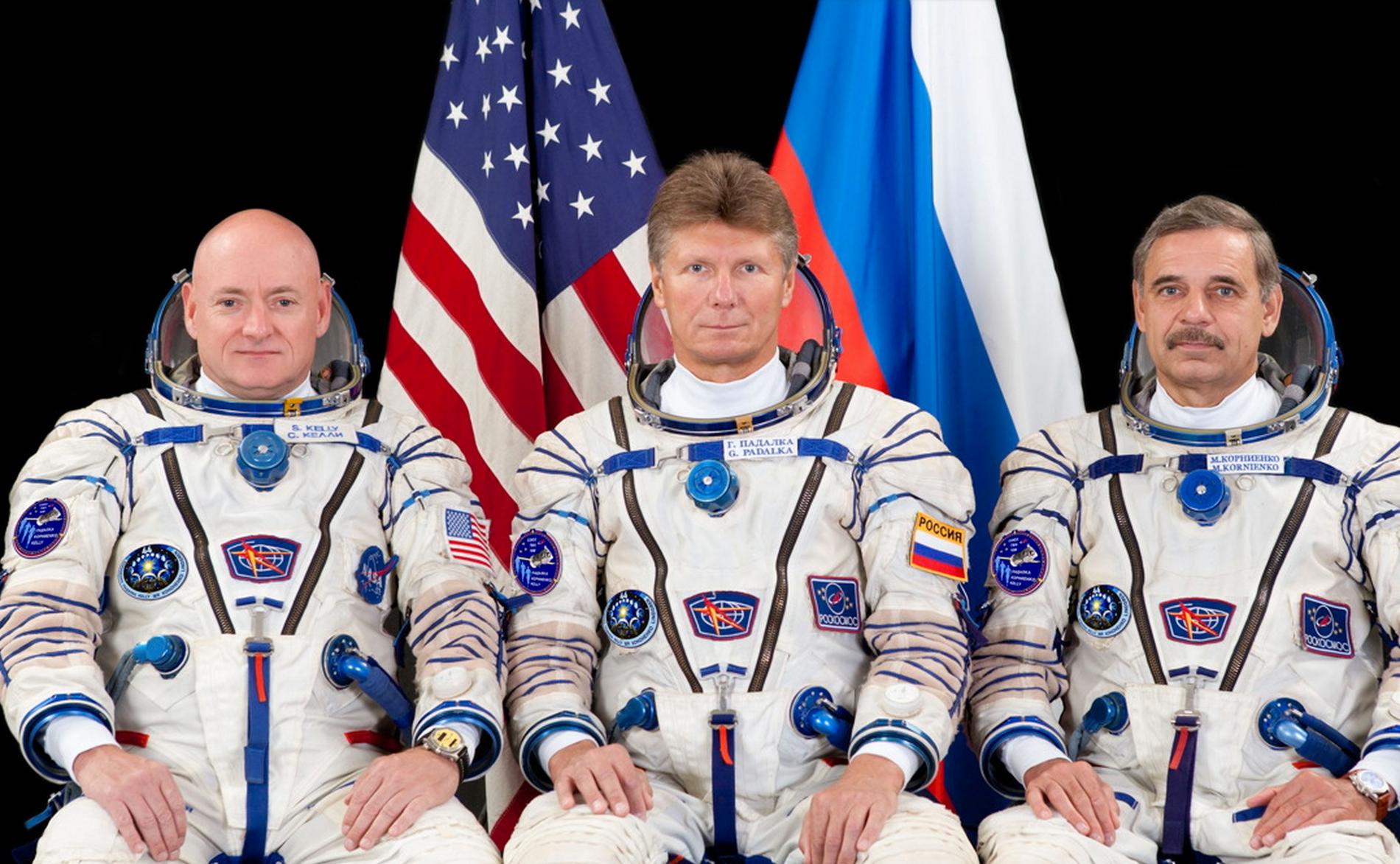 NASA astronauten Scott Kelly och kosmonauterna Gennady Padalka och Mikhail Kornienko.