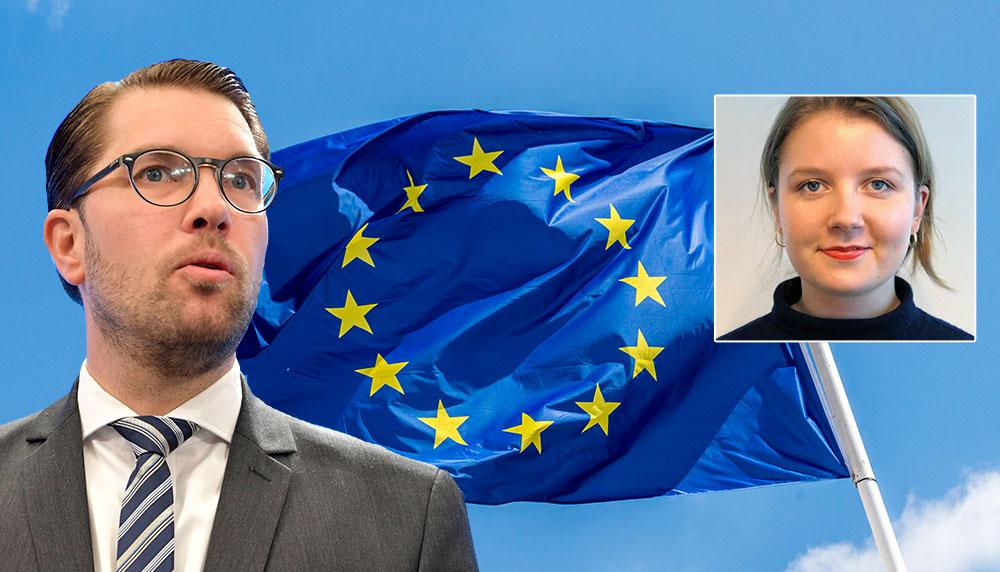 Sverigedemokraterna säger att de vill ge mindre makt till Bryssel. I verkligheten har de röstat för att EU ska få ta in egna skatter, skriver Susanna Kierkegaard. Bilden är ett montage.